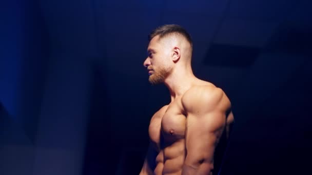 Man Posing Gym Handsome Mature Man Standing Strong Gym Flexing — Stock Video