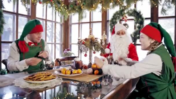 Щасливого Різдва Вечері Ельфи Розважаються Під Час Обіду Столом — стокове відео