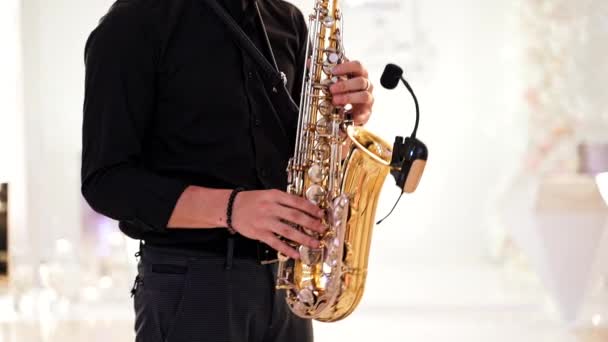 Саксофонист Играет Джазовую Музыку Музыкальный Инструмент Играемый Музыкантом Саксофонистом — стоковое видео