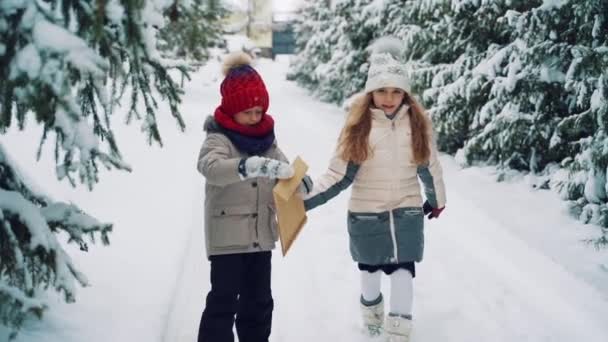 Niños Jugando Parque Invierno Pareja Niños Jugando Con Nieve Invierno — Vídeos de Stock