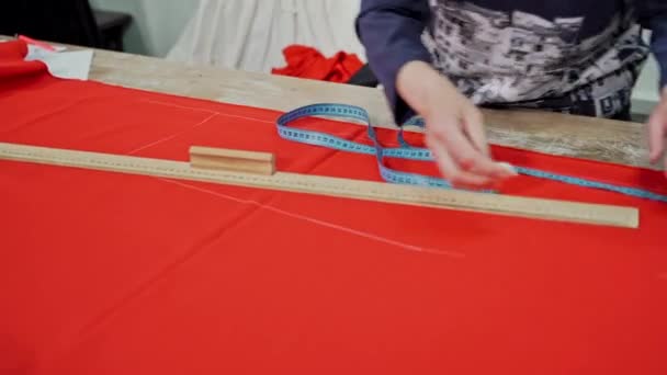 Fashion Design Workshop View Woman Making Pattern Red Piece Material — Stock Video
