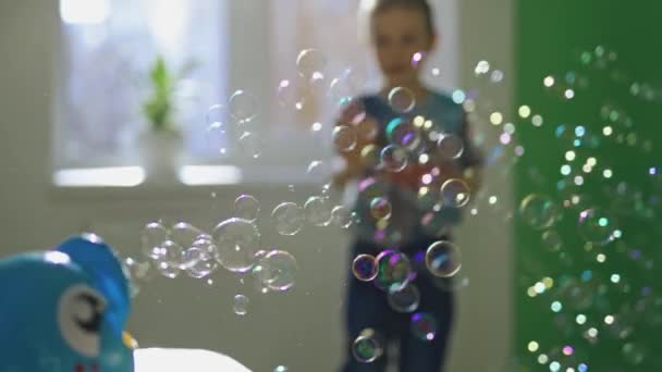Boy Having Fun Home Young Boy Having Fun Soap Bubble — Stock Video