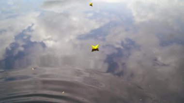 Nehir boyunca yüzen kağıt tekne. Küçük kağıt tekne nehir boyunca akıyor.