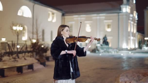 Kvinnan Spelar Fiol Nära Lyxig Flicka Spelar Fiol Vintermiljö — Stockvideo