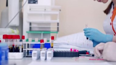 Kan örneğiyle tıbbi laboratuvar araştırmacısı. Doktor, toplama tüpündeki santrifüjlenmiş kanın kalitesini kontrol ediyor.