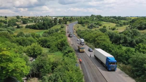 Vista Aérea Del Sitio Construcción Carreteras Trabajos Construcción Asfalto Con — Vídeos de Stock