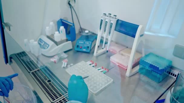 Researcher Working Clinic Laboratory Worker Places Blood Samples Rack — Stock Video