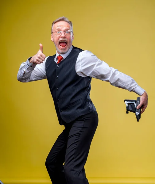 Funny Senior Man Makes Selfie His Ass Yellow Background Funny — 스톡 사진