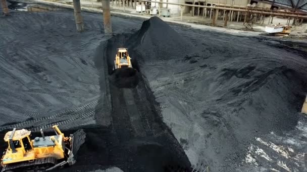 Crawler Bulldozer Works Coal Mines Extractive Industry Anthracite Aerial View — Stock Video