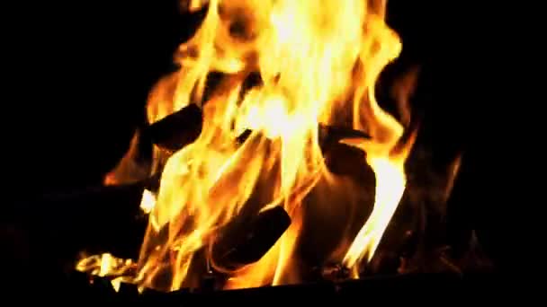 夜になると鮮やかな火で焼かれた丸太が解体された キャンプファイアのオレンジ色の炎で大気中の背景 内部からのたき火の想像を絶する詳細なイメージ — ストック動画