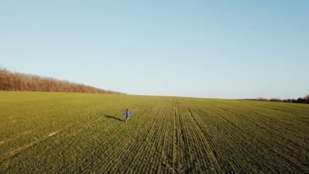 Cute Boy Running Green Field Early Spring Active Kid Chasing — Stock Video