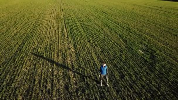 Ragazzo Che Corre Sul Campo Verde Verso Telecamera Movimento Guarda — Video Stock