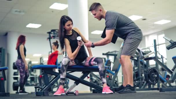 Jonge Mooie Vrouw Traint Met Halters Sportschool Concept Van Een — Stockvideo