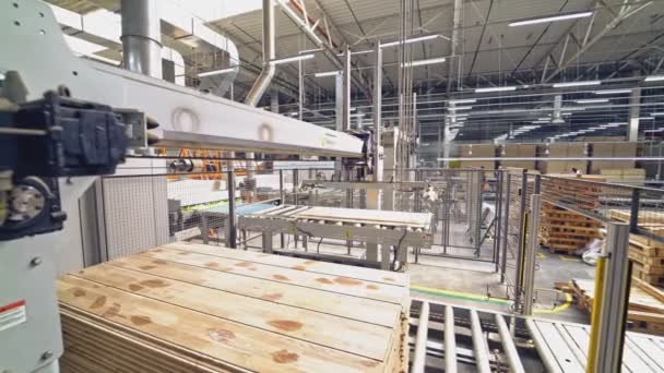 Equipamento Moderno Para Automatizar Processamento Madeira Fábrica Fazendo Parquet Com — Vídeo de Stock