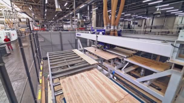 近代的な自動ラインは 右と左への動きと寄木細工板を粉砕し 寄木細工の生産と販売のための工場での作業の別の領域に移動しています — ストック動画