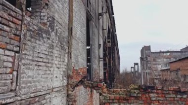 Hasarlı tuğla duvarları ve çatısı yosun kaplı metal yapıları olan ve içi ve dışı aşırı büyüyen eski fabrika binaları. Hava görünümü.