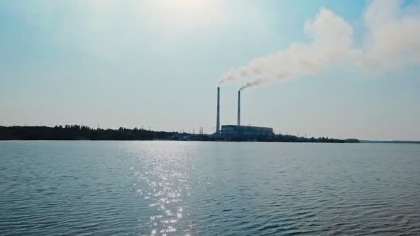 Beautiful View River Shore Huge Power Plant Sky White Clouds — Stock Video