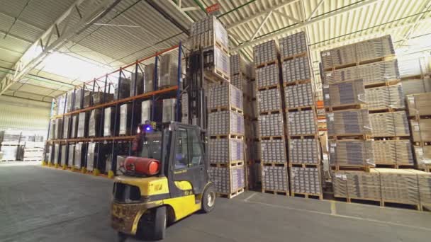 Hangardaki Malzemelerin Arasında Forklift Var Yer Parke Deposu — Stok video