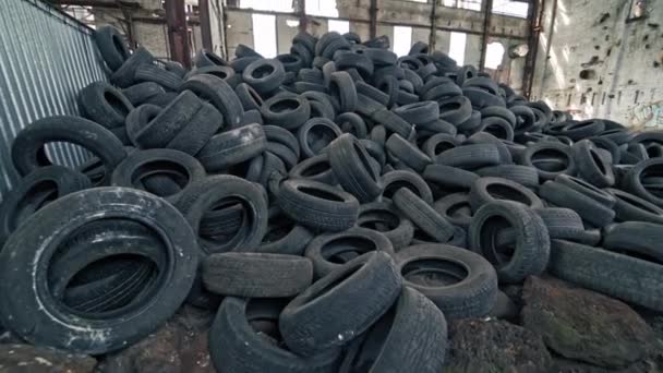 Big Pile Automobile Tires Broken Plant Holes Wall Roof Many — Stock Video