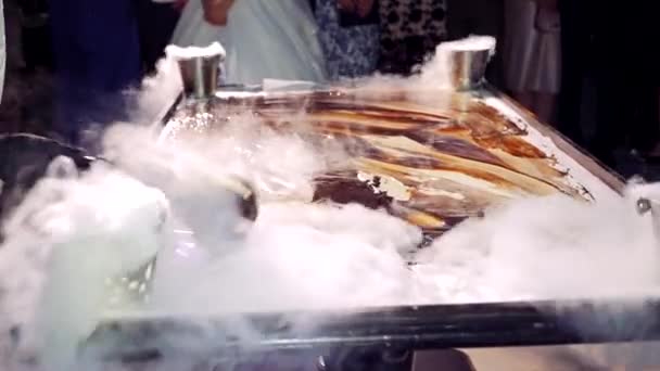 Process Making Sweet Ice Cream Liquid Nitrogen Guests Professional Cooking — Stock Video