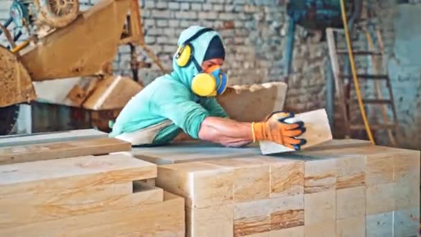 Worker Protective Uniform Mask Takes Stone Measures Ruler Factory Young — Stock Video