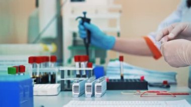 Tıp çalışanları kan örneklerini tüple klinikteki özel bir rafa koydular. Koruyucu eldivenli kadın bilim adamları modern eczacılık laboratuvarında çalışıyorlar..