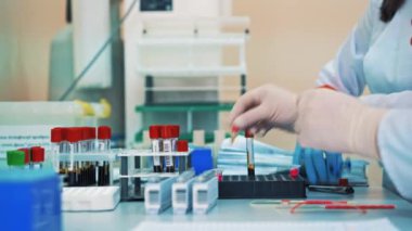 Tıp laboratuarında iki hemşire test tüpleriyle çalışıyor. Eldiven giyen bilim adamları şişeleri sıvıyla doldurup steril bir masada rafa koyuyorlar..