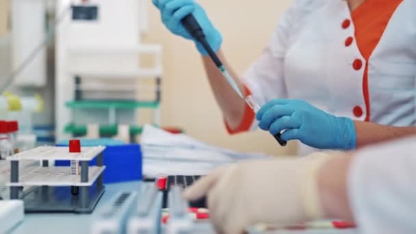 专业的实验室技术人员用液体灌满小瓶 然后放进架子里 在化验室检查血液样本的医务工作者 — 图库视频影像