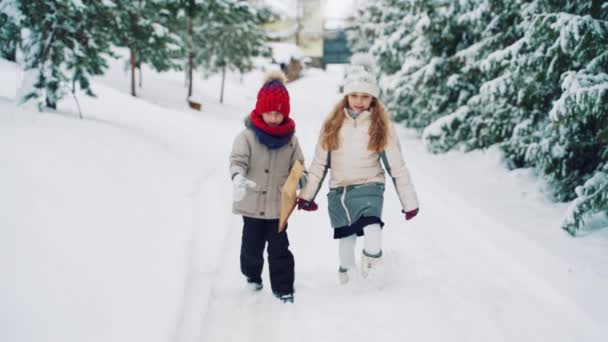 かなり小さな女の子がモミの木の背景に雪の中を歩いている 冬の屋外で大きな封筒を持つ幸せな子供たち スローモーション — ストック動画