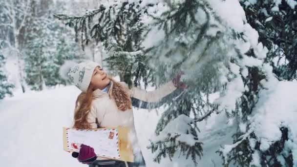 幸せな子供は大きな封筒を持っていて 雪と遊んでいます 雪を背景に少女が冬にモミの木から雪を振り払う — ストック動画