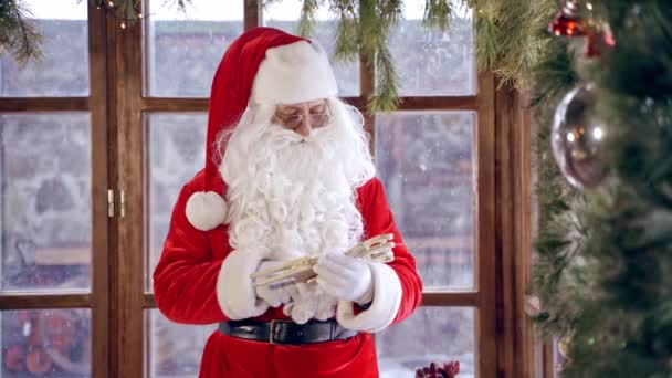 Santa Claus Pie Habitación Especialmente Decorada Celebración Madera Querida Cerca — Vídeos de Stock