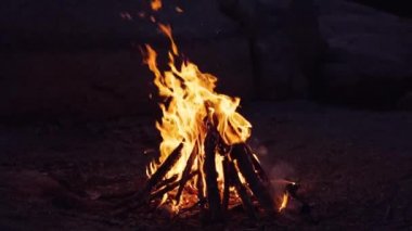 Doğanın arka planında büyük bir şenlik ateşi. Güzel ateş parlak bir şekilde yanar. Yavaş çekim