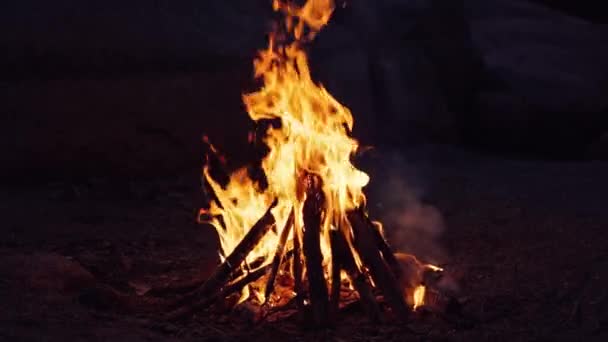 夜になるとたき火が燃える スローモーションで黒の背景に火の炎 — ストック動画