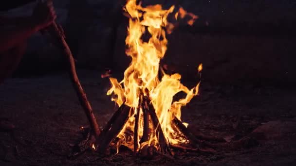 Hombre Cerca Del Fuego Por Noche Burning Wood Movimiento Lento — Vídeos de Stock
