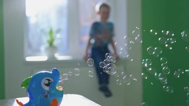 魚の装置は窓に座っている少年の背景に小さな丸い泡を作成します 多色のバブルブロワー 運動中の泡の変態 シャボン玉ショー — ストック動画