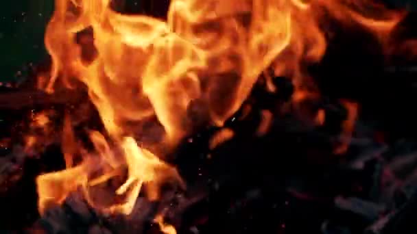 グリルでログファイアーフレイムスを燃焼 美しい炎が明るく燃える 火のメンバーを登る スローモーション — ストック動画