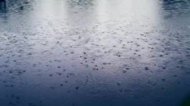 Göl, göl ya da nehrin su yüzeyine yağmur damlaları düşer.