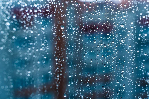 Esőcseppek Ablaküvegen Szelektív Fókusz Rainy Város Háttere — Stock Fotó
