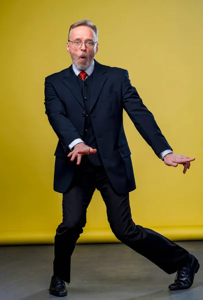 Businessman Manager Dancing Funny Pose Expression Happy Emotions Yellow Background — Stock Photo, Image