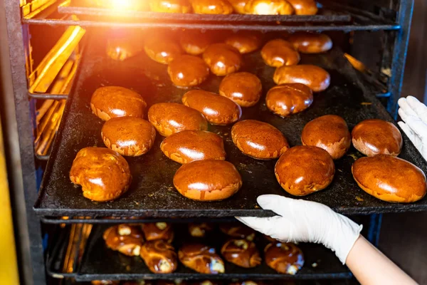 Tray of fresh bread rolls or buns. Hot bakery from the oven. Bakery or bread factory. The bakery production.