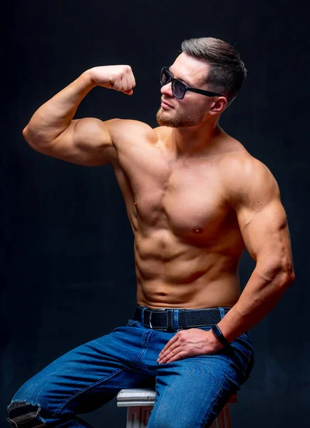 Portrait Athletic Muscular Bearded Man Posing Black Background Male Glasses — Stock Photo, Image