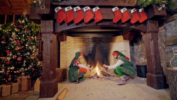 リビングルームに2つのエルフと暖炉の近くの美しいクリスマスツリー サンタの家の休日の雰囲気 家の中の火の近くに座っているお祝いの衣装で楽しいエルフ — ストック動画