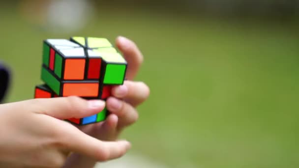 Dreng Praksis Med Vanskelige Rubiks Cube Koncept Problemløsning Løsning Fokus – Stock-video