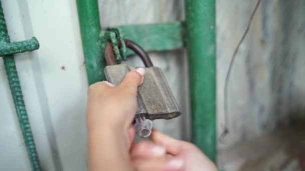 Женские Руки Вращают Ключ Стальном Замке Открывают Старые Металлические Ворота — стоковое видео