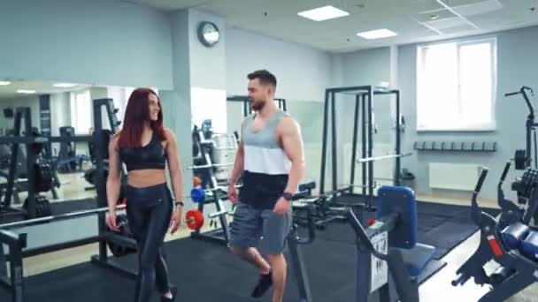 Pareja sana en ropa deportiva levantando pesas en el gimnasio. Mujer atractiva y hombre guapo haciendo ejercicio con pesas de pie en pose especial en el club deportivo. — Vídeos de Stock