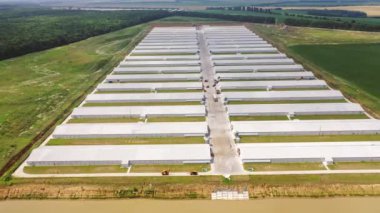 Modern tarımsal iş yaklaşımının çiftliği. Açık havada tarım yapmak için iki sıra modern bina. Hava görünümü.