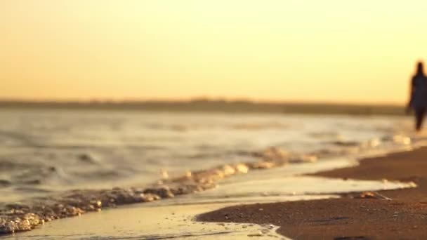 Edge Sea Waves Sand Shore Silhouette Woman Walking Shoreline Water — Stock Video