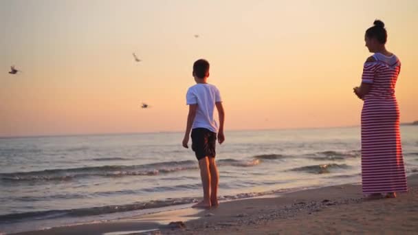 Leuke Jongen Vrouw Aan Zee Bij Zonsondergang Moeder Haar Zoon — Stockvideo