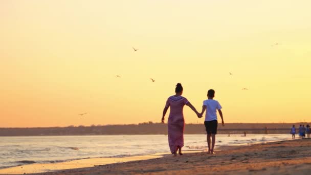息子の海辺を歩いて母親のバックビュー 夕方の背景と男の子と一緒に長いドレスの女性は砂のビーチを歩く海の風景をお楽しみください — ストック動画