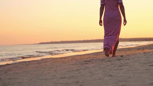 Вид Сзади Женщину Идущую Вдоль Пляжа Закате Молодая Женщина Длинном — стоковое видео
